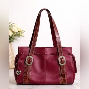 Vintage Brighton Lea Burgundy Leather Croc Embossed Buckle Western Shoulder Bag